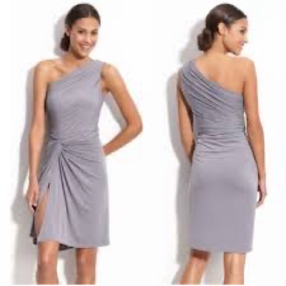 Maggy London One-Shoulder Dress in Soft Gray